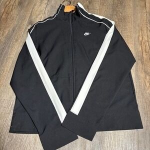 Vtg NIKE Black/White Striped Arms Full Zip Hoodie Track Jacket Women's Sz M 8-10